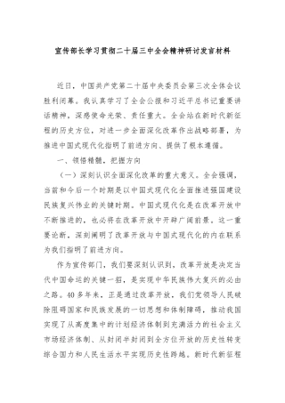 宣传部长学习贯彻二十届三中全会精神研讨发言材料