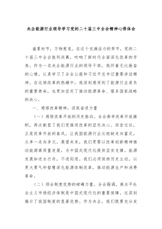 央企能源行业领导学习党的二十届三中全会精神心得体会