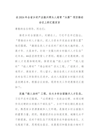 在2024年全省乡村产业振兴带头人培育“头雁”项目推动会议上的汇报发言