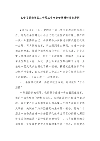 在学习贯彻党的二十届三中全会精神研讨发言提纲