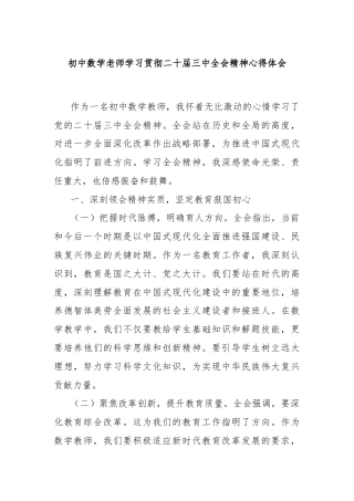 初中数学老师学习贯彻二十届三中全会精神心得体会
