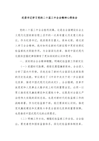 纪委书记学习党的二十届三中全会精神心得体会