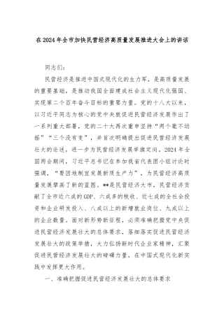 在2024年全市加快民营经济高质量发展推进大会上的讲话