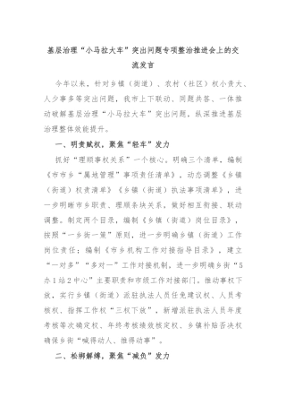 基层治理“小马拉大车”突出问题专项整治推进会上的交流发言
