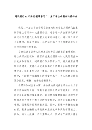 建设银行xx市分行领导学习二十届三中全会精神心得体会