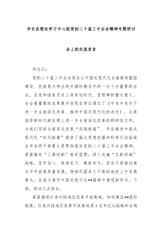 市长在理论学习中心组党的二十届三中全会精神专题研讨会上的交流发言