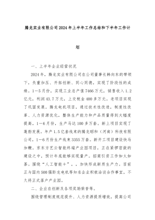 腾龙实业有限公司2024年上半年工作总结和下半年工作计划