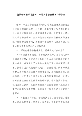 统战部部长学习党的二十届三中全会精神心得体会