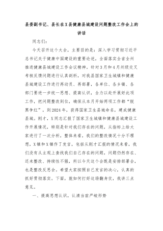 县委副书记、县长在X县健康县城建设问题整改工作会上的讲话