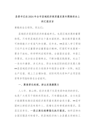 县委书记在2024年全市县域经济高质量发展专题推进会上的汇报发言
