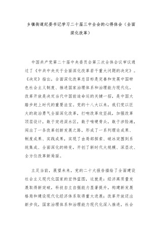 乡镇街道纪委书记学习二十届三中全会的心得体会（全面深化改革）