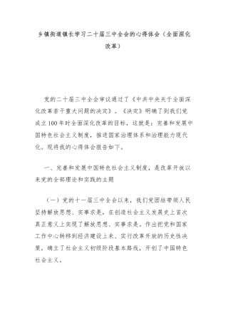 乡镇街道镇长学习二十届三中全会的心得体会（全面深化改革）