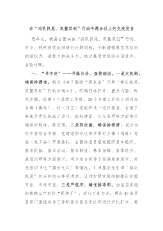 在“排队抓尾、双整双创”行动专题会议上的交流发言