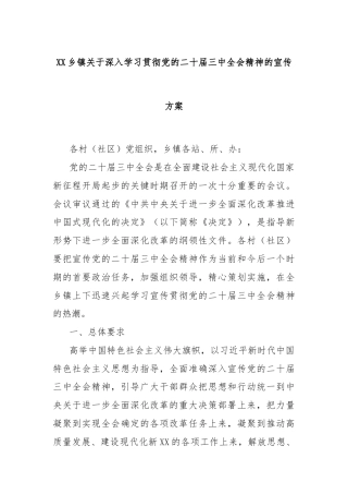XX乡镇关于深入学习贯彻党的二十届三中全会精神的宣传方案