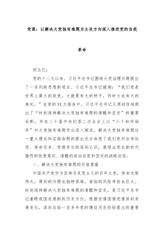 党课：以解决大党独有难题为主攻方向深入推进党的自我革命
