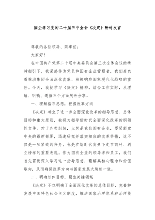 国企学习党的二十届三中全会《决定》研讨发言