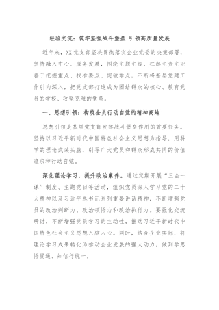 经验交流：筑牢坚强战斗堡垒 引领高质量发展