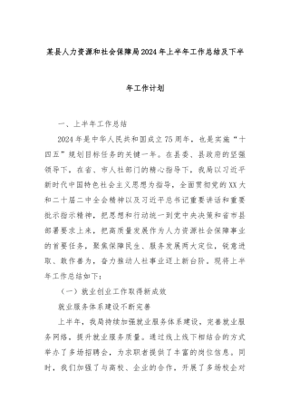 某县人力资源和社会保障局2024年上半年工作总结及下半年工作计划