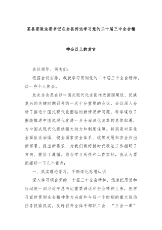 某县委政法委书记在全县传达学习党的二十届三中全会精神会议上的发言