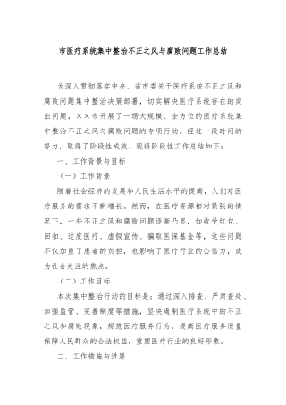 市医疗系统集中整治不正之风与腐败问题工作总结