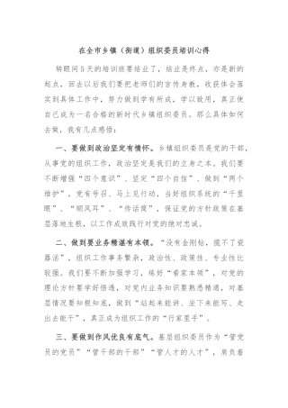 在全市乡镇（街道）组织委员培训心得
