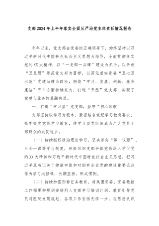 支部2024年上半年落实全面从严治党主体责任情况报告