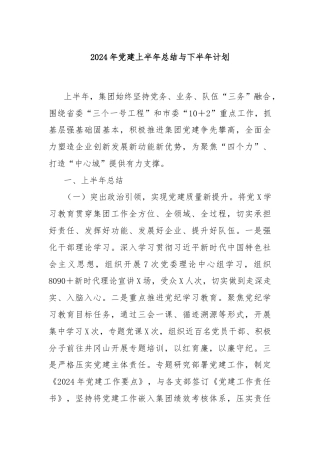 2024年党建上半年总结与下半年计划