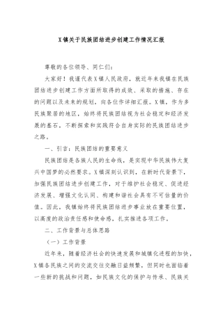 X镇关于民族团结进步创建工作情况汇报