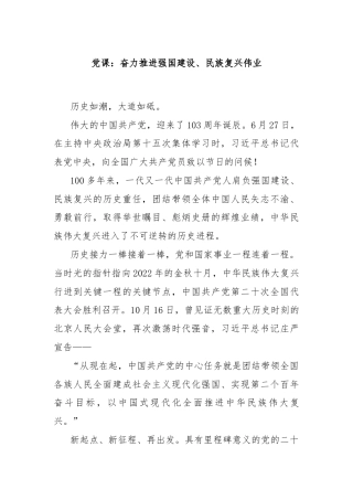 党课：奋力推进强国建设、民族复兴伟业
