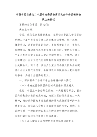 市委书记在传达二十届中央委员会第三次全体会议精神会议上的讲话