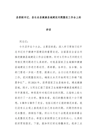 县委副书记、县长在县健康县城建设问题整改工作会上的讲话