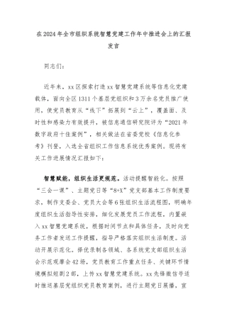 在2024年全市组织系统智慧党建工作年中推进会上的汇报发言