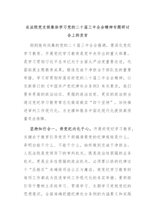 在法院党支部集体学习党的二十届三中全会精神专题研讨会上的发言