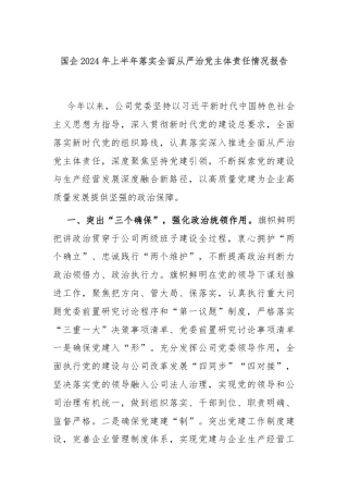 国企2024年上半年落实全面从严治党主体责任情况报告