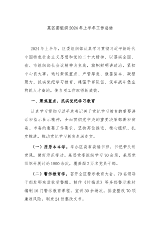 某区委组织2024年上半年工作总结
