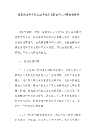 派驻党支部书记2024年组织生活会个人对照检查材料