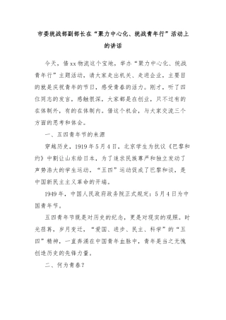 市委统战部副部长在“聚力中心化、统战青年行”活动上的讲话