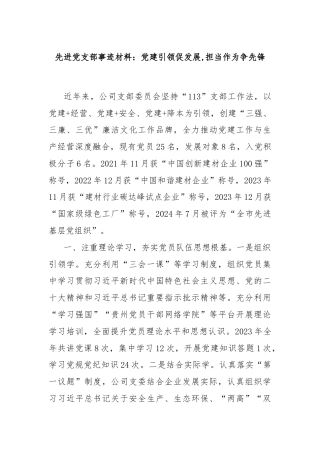 先进党支部事迹材料：党建引领促发展,担当作为争先锋