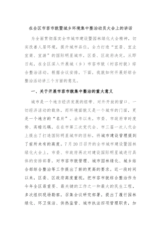 在全区市容市貌暨城乡环境集中整治动员大会上的讲话