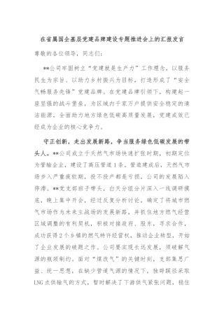 在省属国企基层党建品牌建设专题推进会上的汇报发言