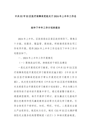 中共XX市XX区医疗保障局党组关于2024年上半年工作总结和下半年工作计划的报告