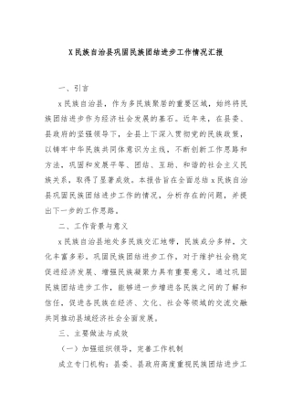 X民族自治县巩固民族团结进步工作情况汇报