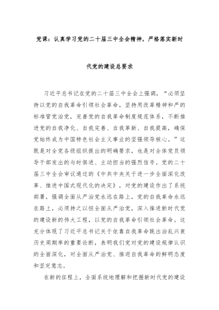 党课：认真学习党的二十届三中全会精神，严格落实新时代党的建设总要求