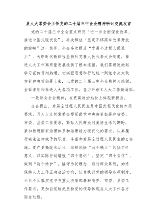 县人大常委会主任党的二十届三中全会精神研讨交流发言