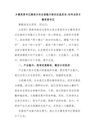 乡镇党委书记推进乡村全面振兴培训交流发言如何当好乡镇党委书记