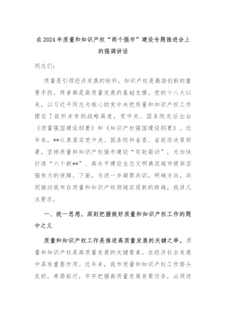 在2024年质量和知识产权“两个强市”建设专题推进会上的强调讲话
