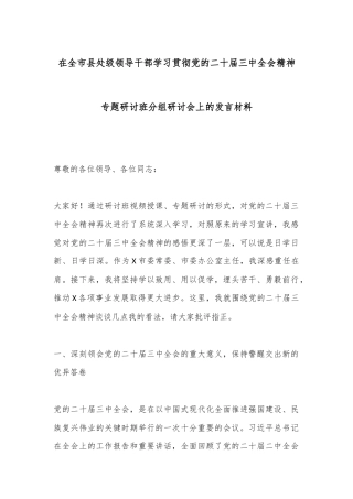 在全市县处级领导干部学习贯彻党的二十届三中全会精神专题研讨班分组研讨会上的发言材料