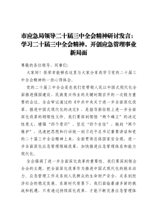 市应急局领导二十届三中全会精神研讨发言：学习二十届三中全会精神，开创应急管理事业新局面