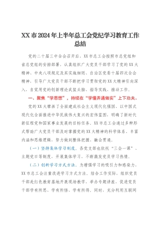XX市2024年上半年总工会党纪学习教育工作总结