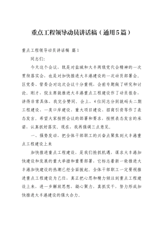 重点工程领导动员讲话稿（通用5篇）